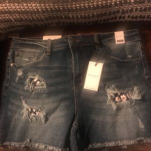 Judy Blue Distressed and Daisies Denim Shorts XL